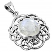 Round Celtic Silver Pendant, set w Rainbow Moonstone